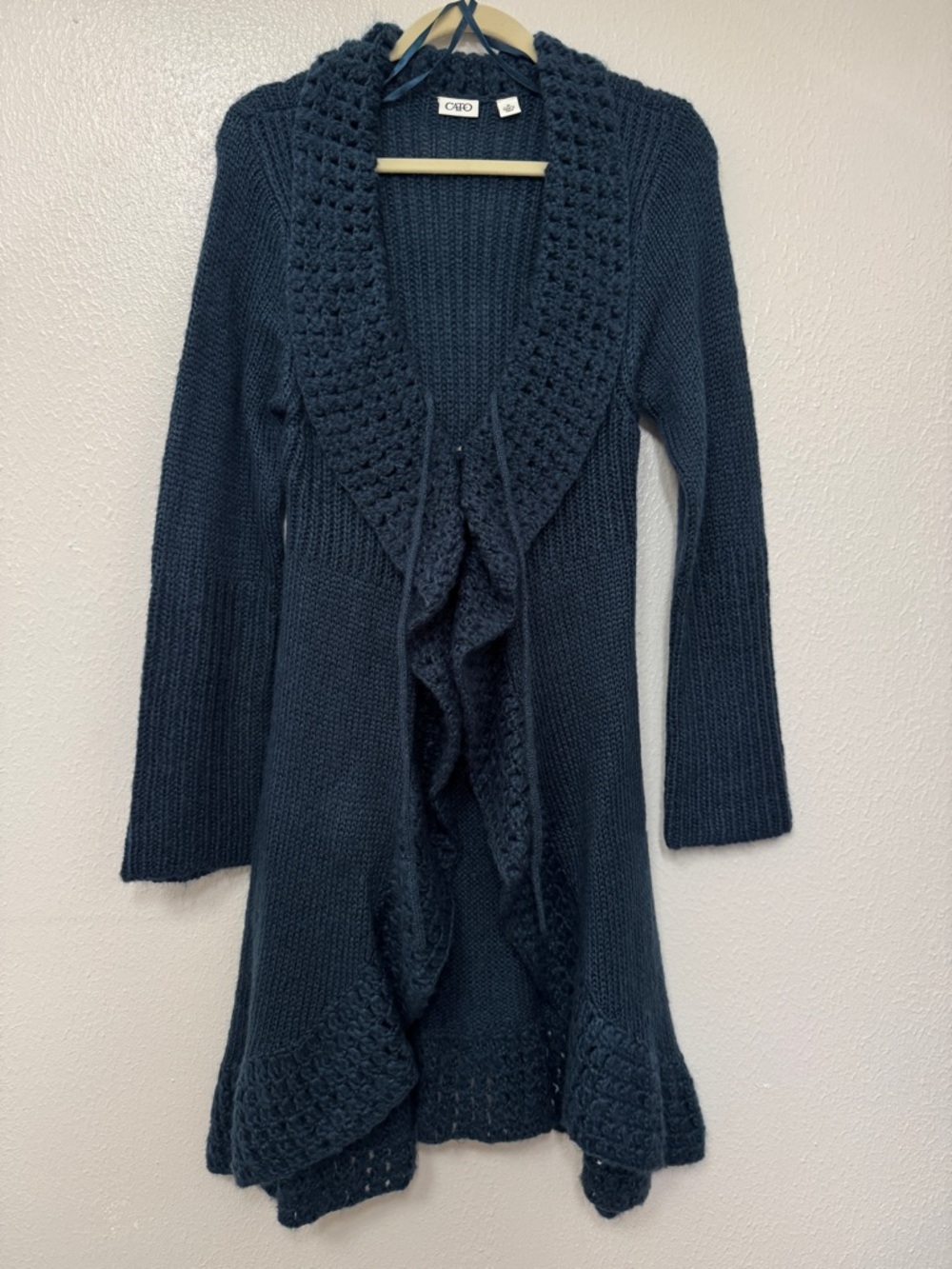 Cato Women's Dark Teal Knit Ruffle-Front Cardigan